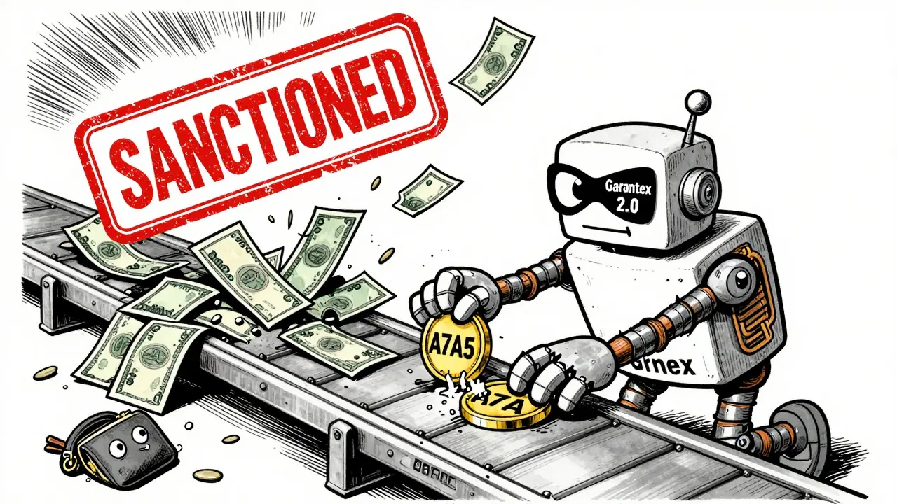 A sneaky robot named Grinex tries to glue a new token as a giant SANCTIONED stamp crushes ruble bills.