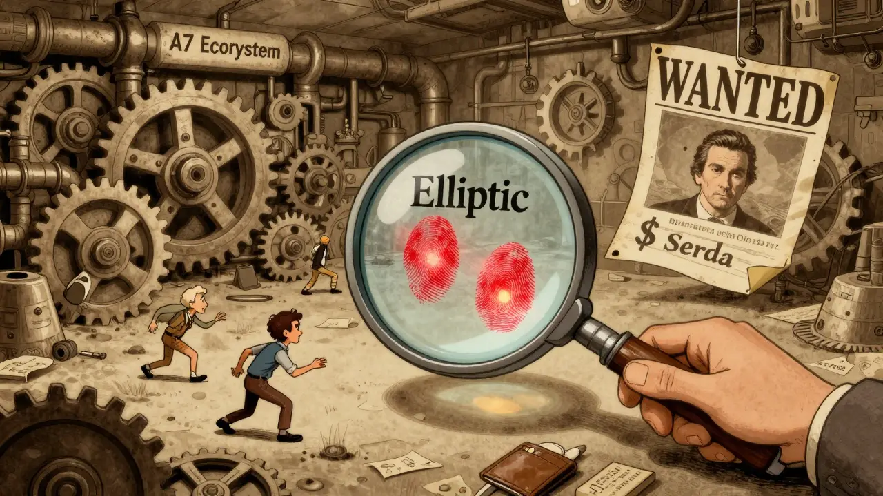 A tangled network of A7 system gears with founders fleeing as a magnifying glass reveals their hidden wallet fingerprints.