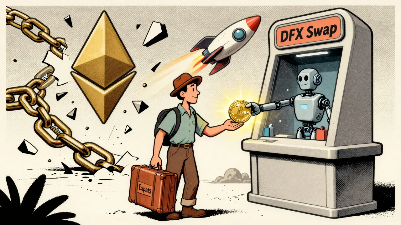 A traveler exchanges EUR for MXN coins at a DFX Finance kiosk while a Polygon rocket flies past in retro cartoon style.