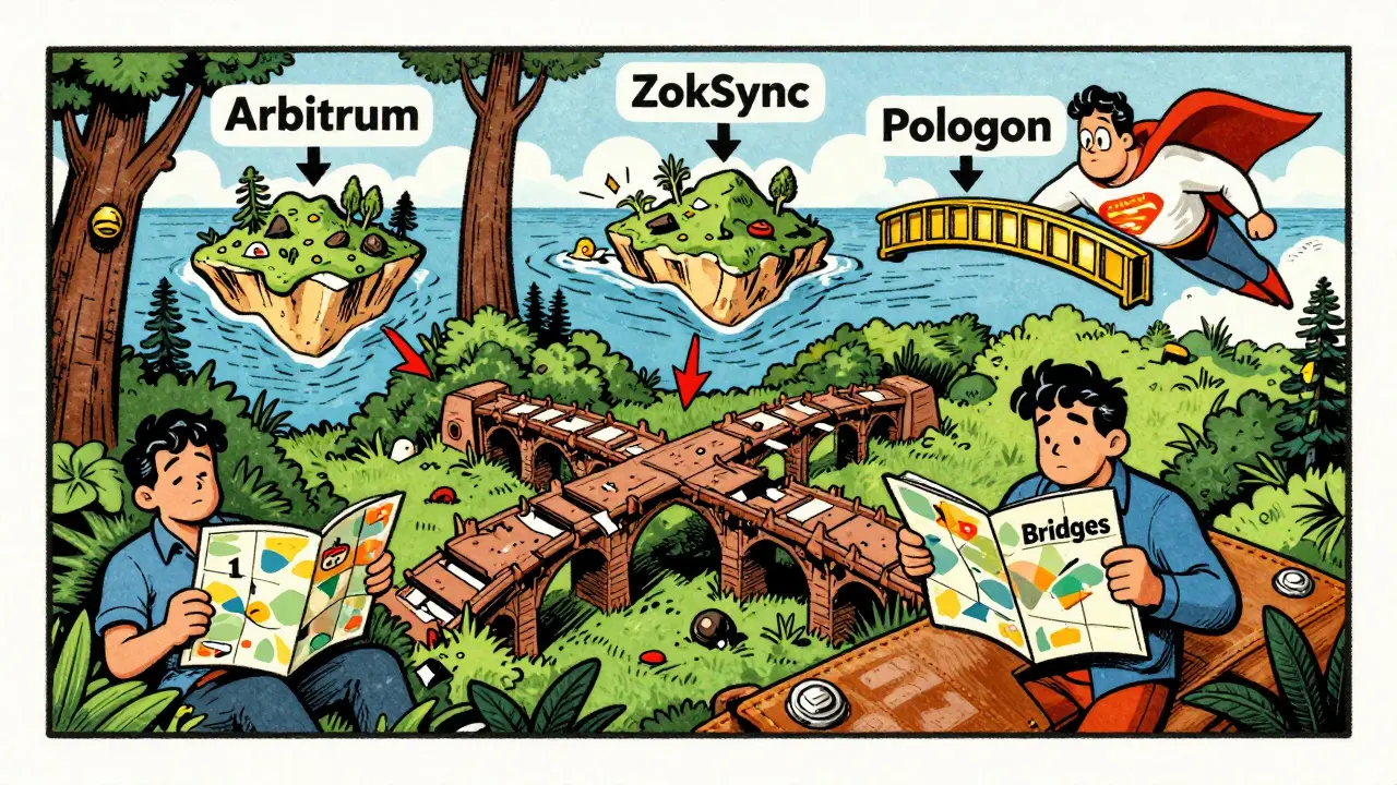 A user lost in a wallet jungle with 17 broken bridges, while Superchain superhero builds a golden bridge, vintage cartoon style.