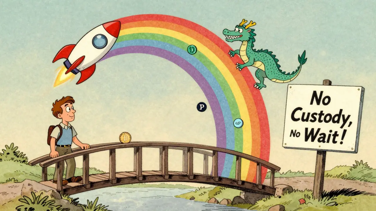 A user swaps USDC for native BTC across chains via a rainbow tunnel with friendly rocket and dragon messengers.
