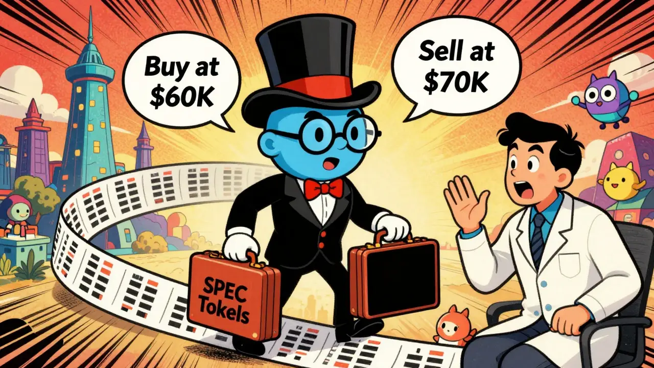 An AI agent in a top hat autonomously trades crypto on a blockchain ticker tape while a scientist watches.