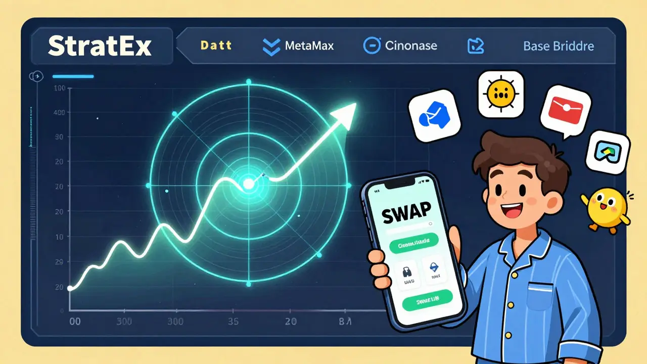 An AI radar predicting price moves on a crypto trading screen, with a user happily swapping tokens on mobile.