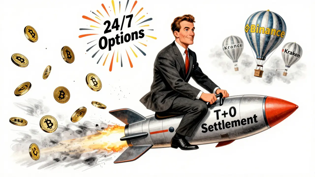 An institutional investor rides a T+0 settlement rocket past 24/7 options fireworks.