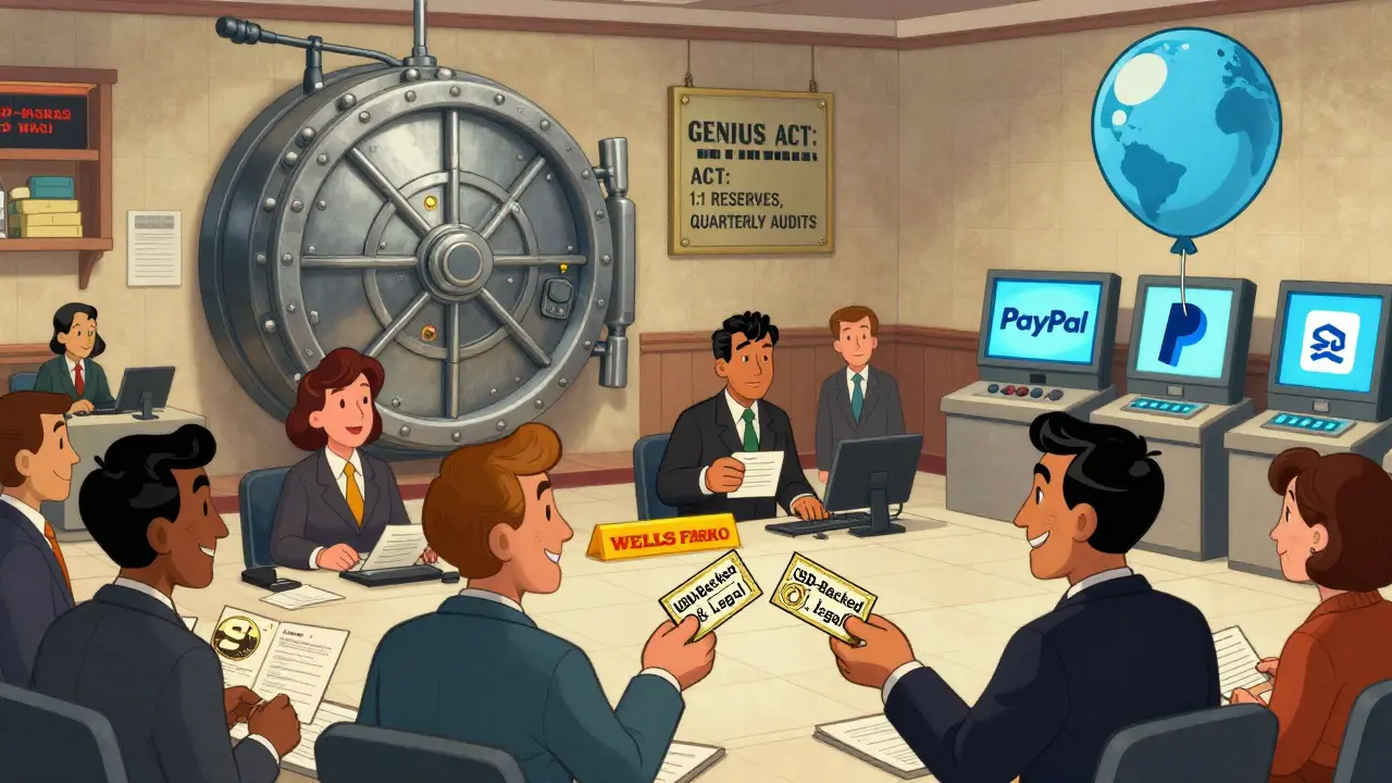 Bank tellers handing out legal stablecoin vouchers with GENIUS Act compliance symbols in vintage cartoon style.