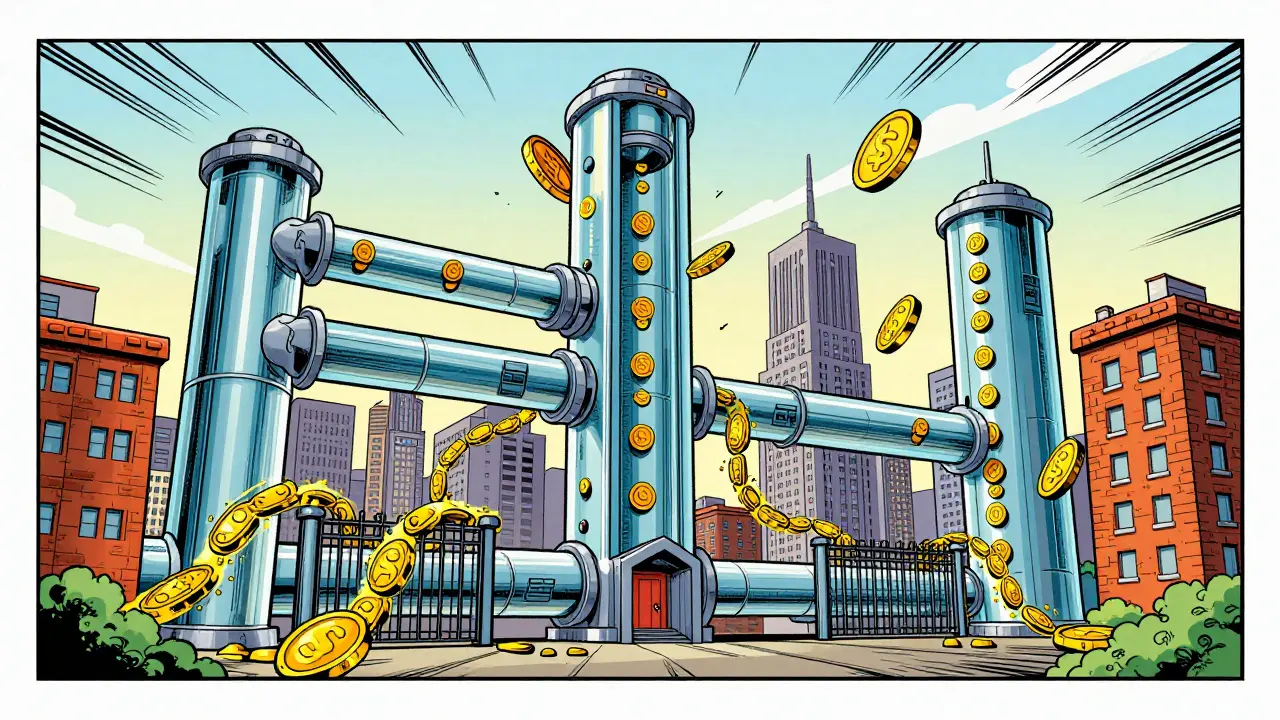 Cartoon cityscape with coins flowing through pipes connecting buildings.
