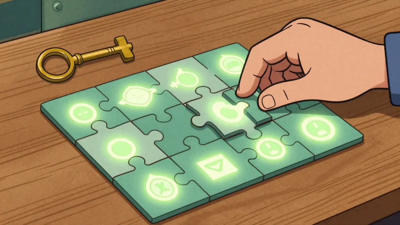 Character assembling glowing puzzle pieces representing campaign tasks.