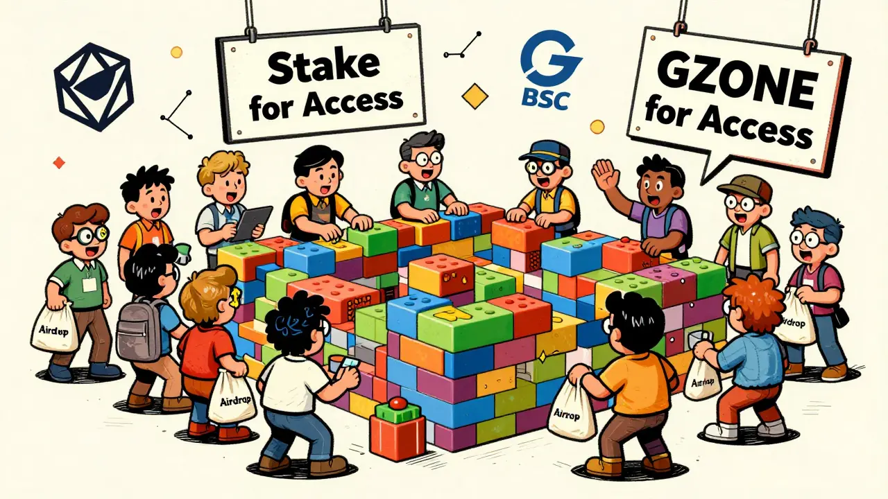 Developers build a GameZone marketplace while gamers hold empty bags, under a sign saying 'Stake GZONE for Access' in vintage cartoon style.