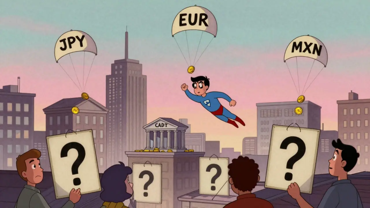 DFX Man drops non-USD stablecoin parachutes over a bank skyline while confused users stare at USDT signs in 1960s cartoon style.