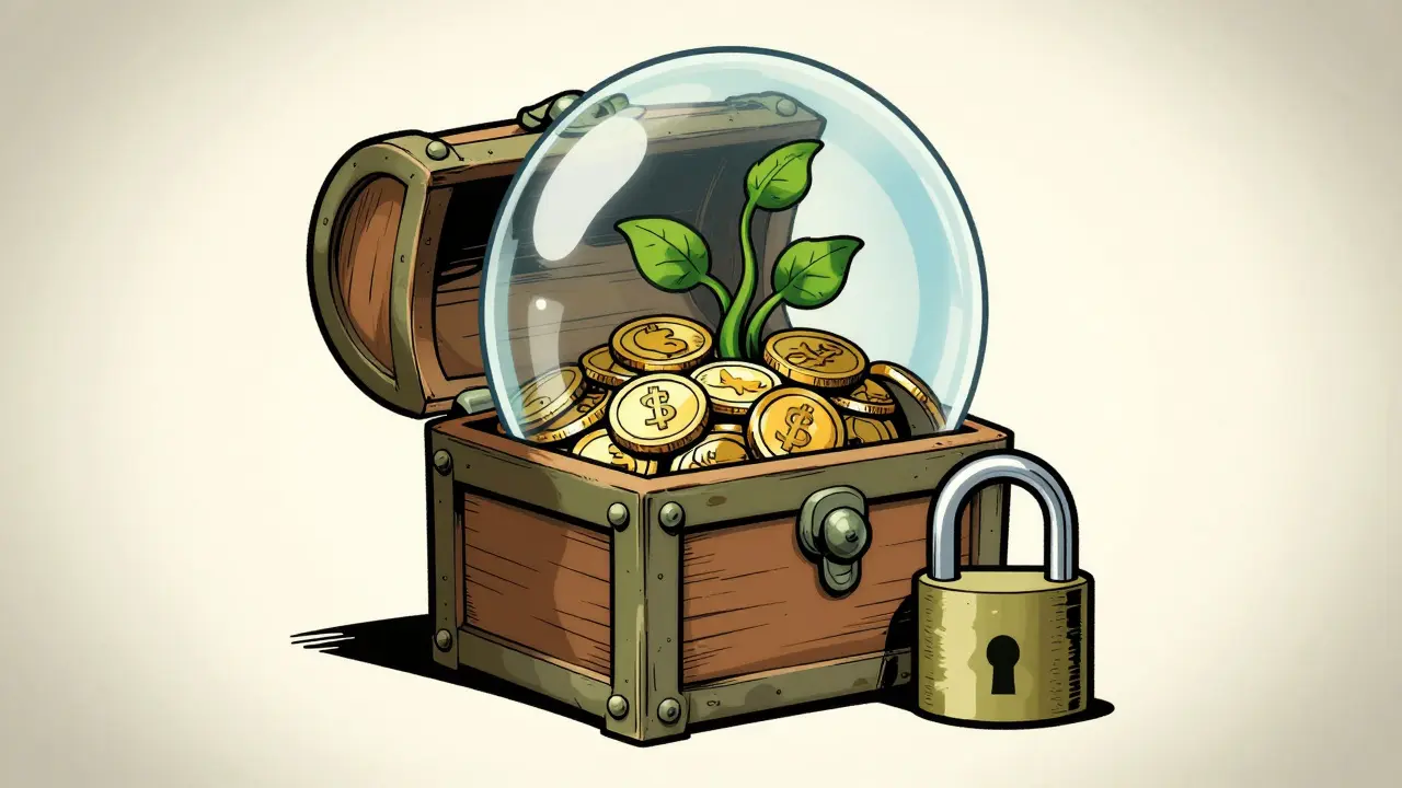 Digital coins in a secure vault with growth vines representing staking rewards and privacy.