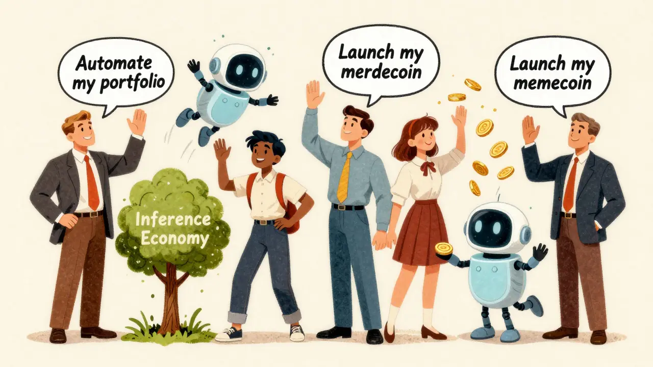 Diverse people speak phrases that create friendly AI agents, one planting a tree labeled 'Inference Economy'.