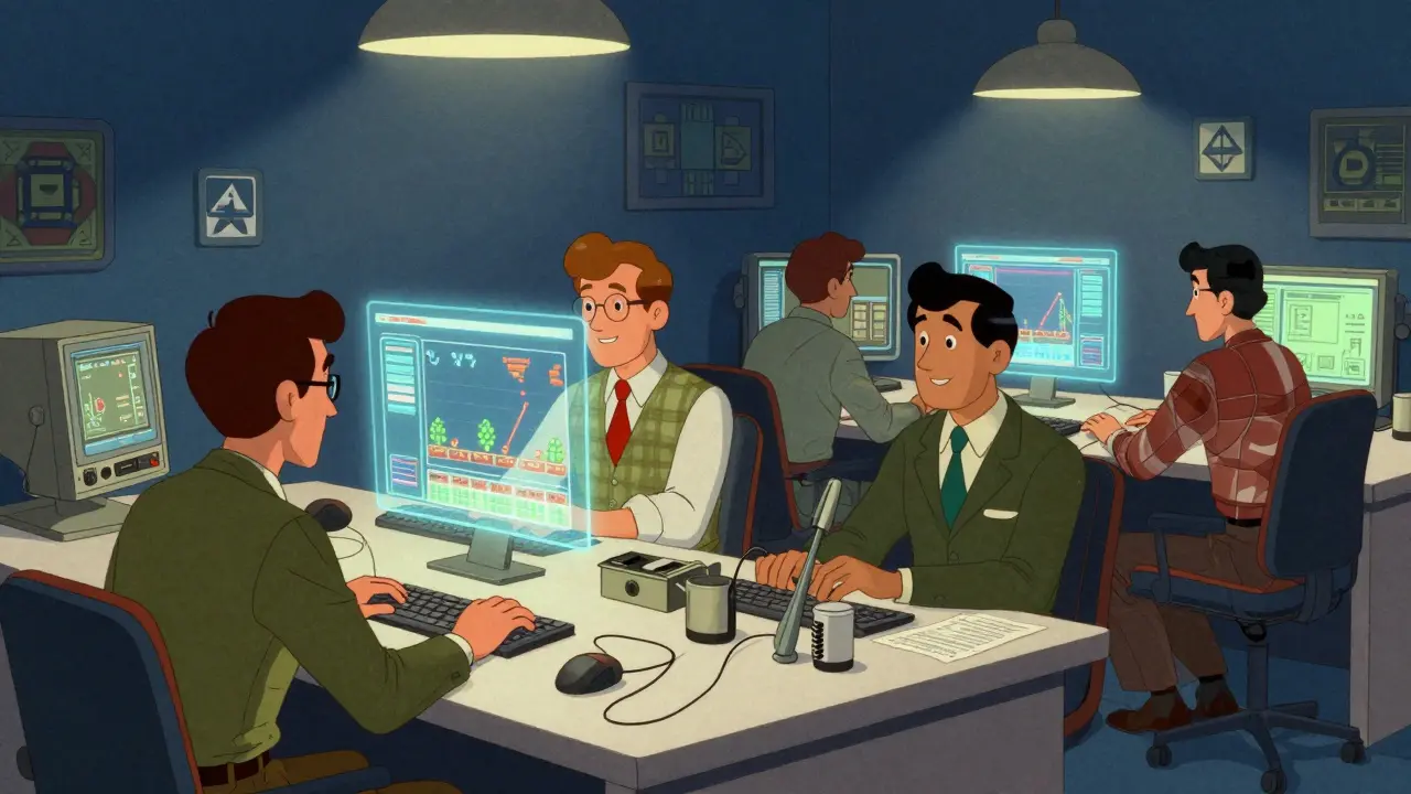 Game developers collaborating over crypto assets in vintage office