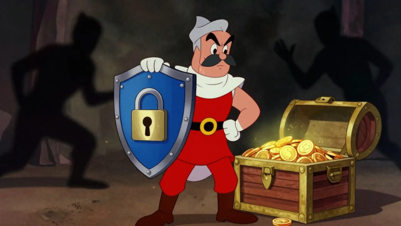 Guardian holding a shield protecting a treasure chest from shadows.