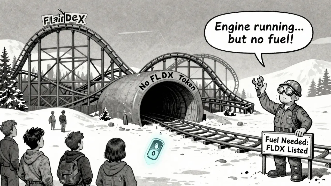 Half-built rollercoaster labeled 'Perpetuals' with a ghostly FLDX token floating above, engineer waving wrench.