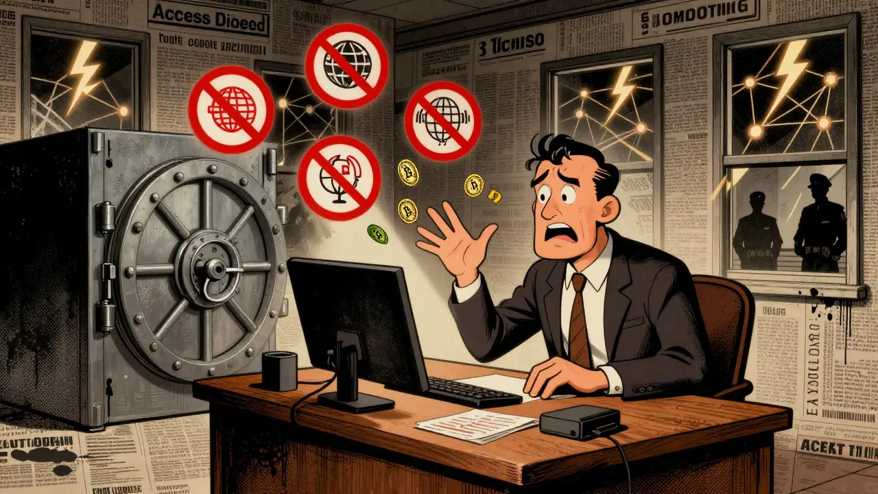Illustration depicts frustrated trader unable to access blocked crypto platforms