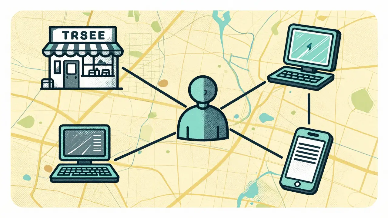 Map showing various trading routes including exchange shops and direct wallet connections.