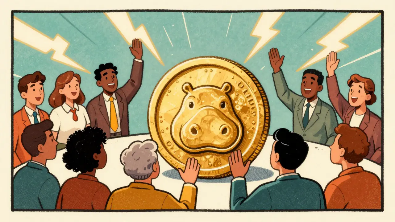 People gathering around a hippo-themed coin for community voting.