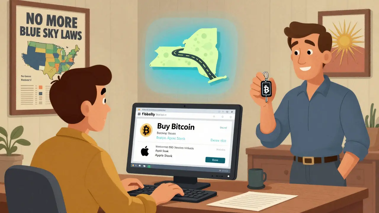 Retail trader buying Bitcoin like stock on Fidelity platform, with state regulation map on wall in vintage cartoon style.