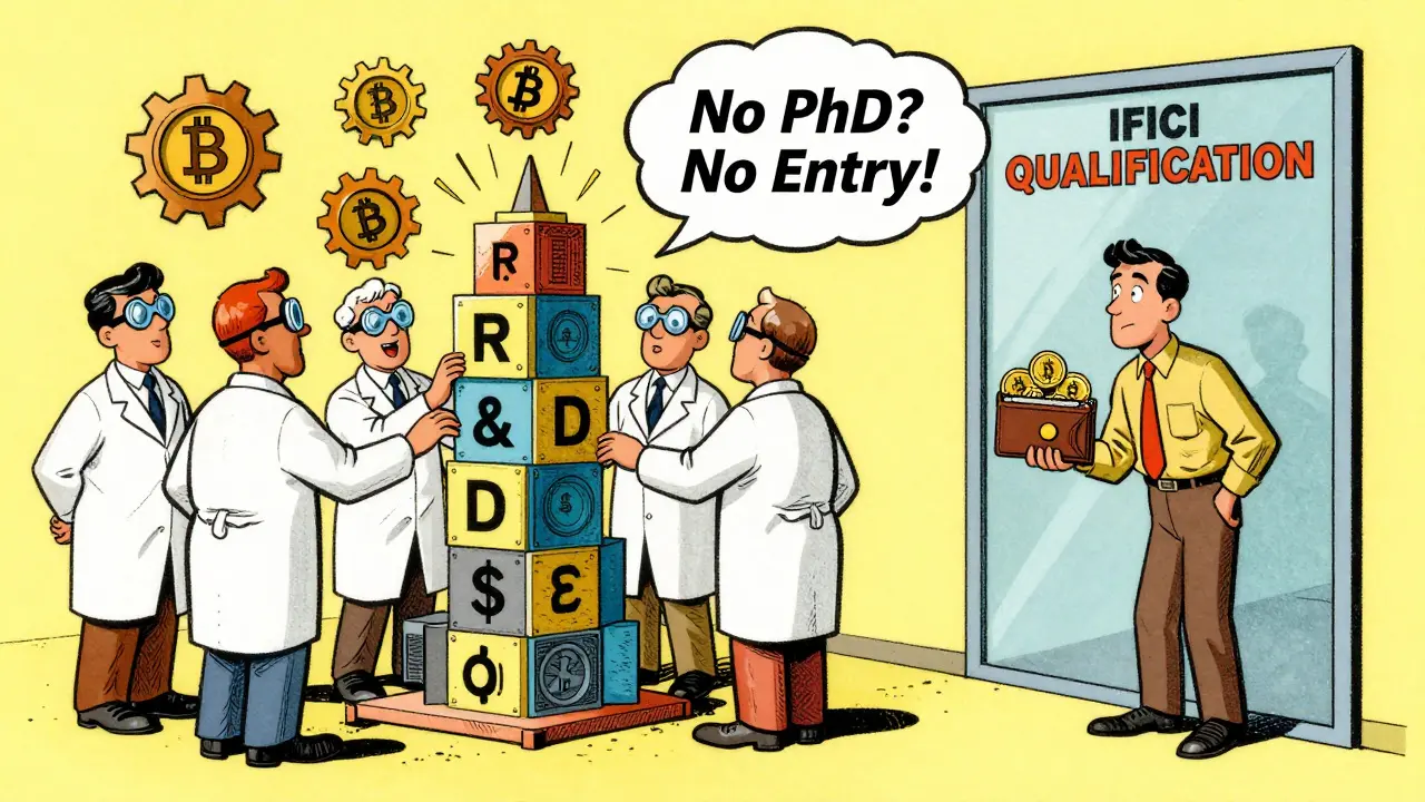 Scientists building a blockchain innovation tower under IFICI, while a trader is barred from entry due to lack of qualifications.