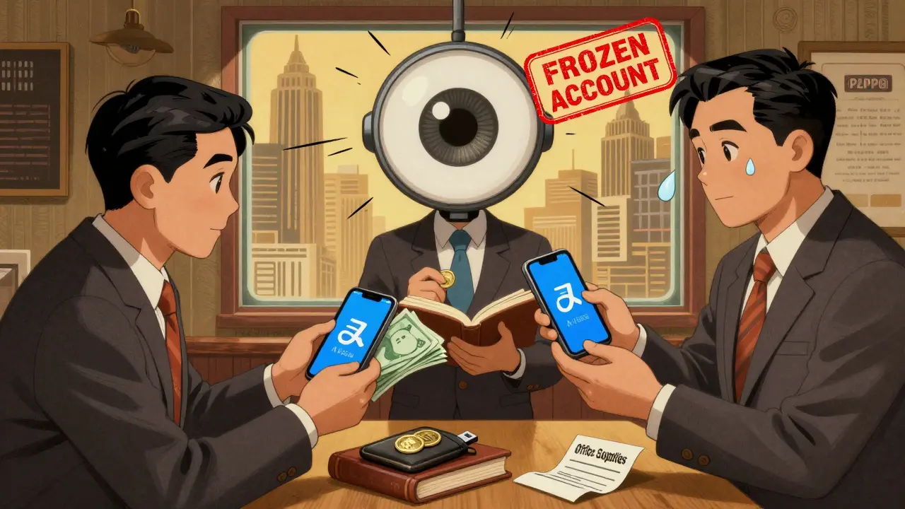 Three professionals trade cash for crypto via Alipay, hiding transactions behind fake receipts while an AI system watches.