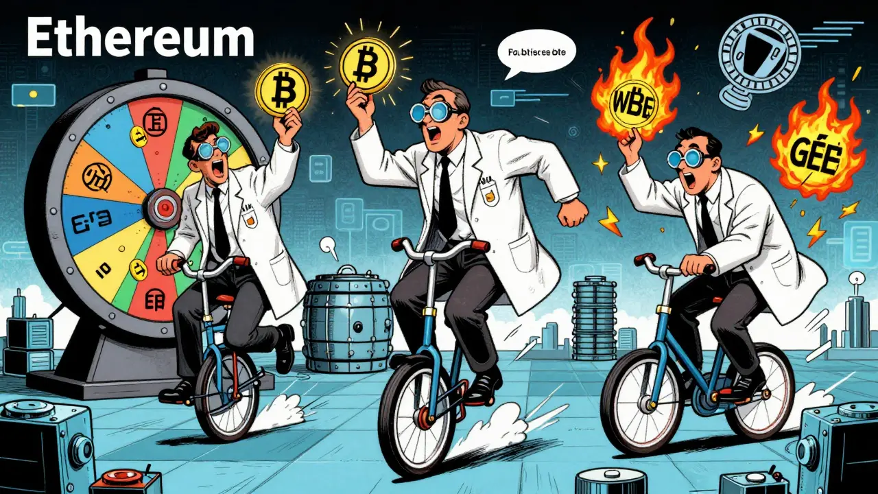 Three traders racing on unicycles across Ethereum, swapping tokens and dodging gas fees in vintage comic style.