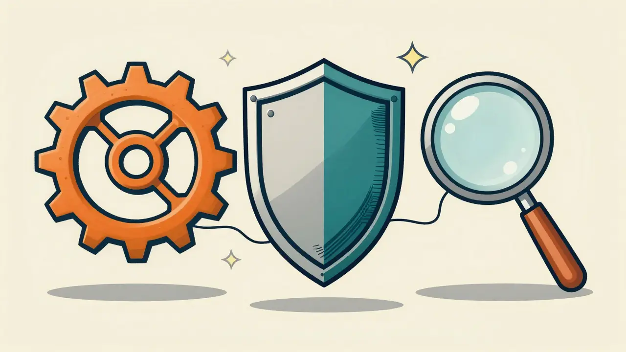 Three vintage cartoon icons representing gears shields and lenses floating.