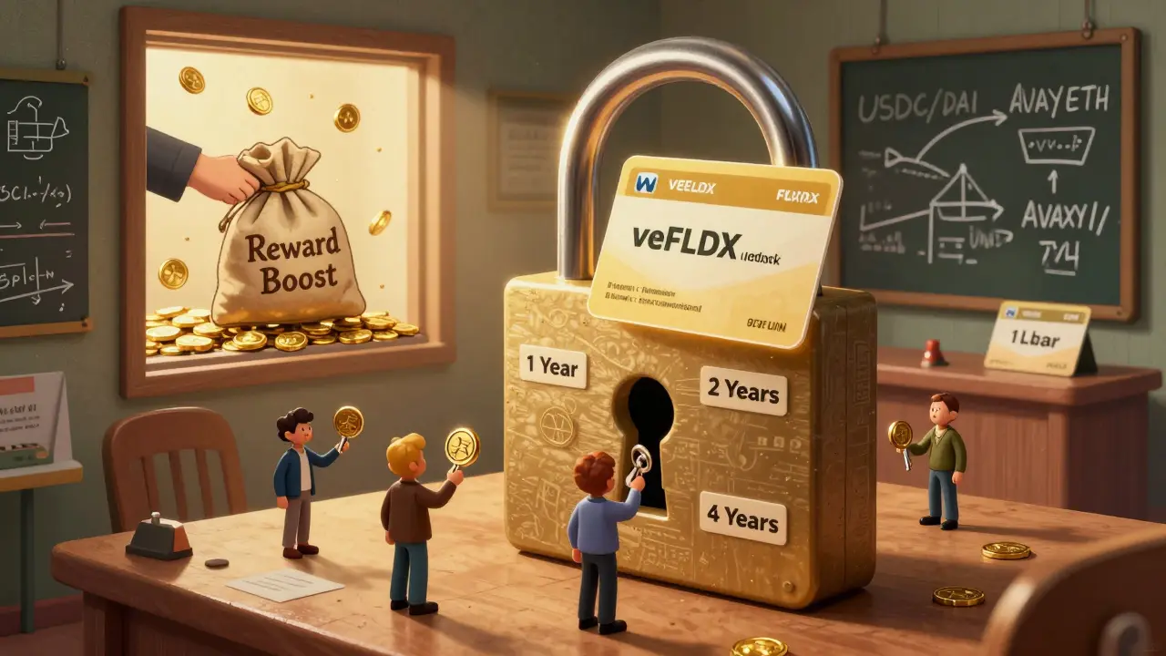 Voting chamber shaped like a lock where users insert token keys to gain voting power, with bribe rewards flying in.