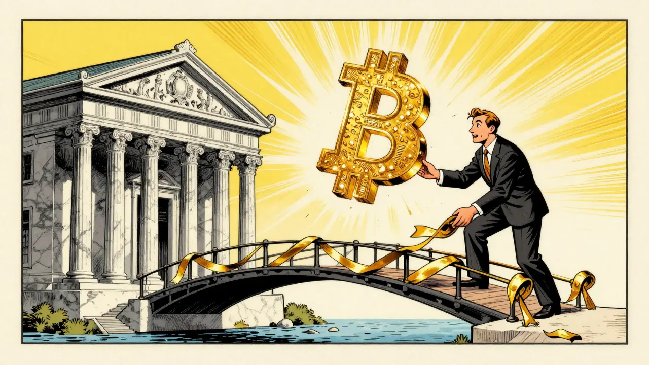 A bridge connecting a traditional bank to a crypto symbol with golden guardrails