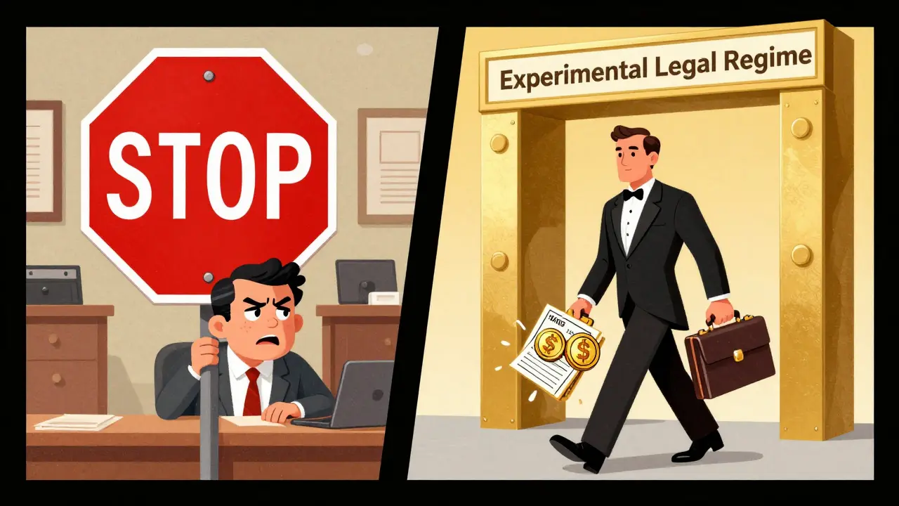 A retail trader blocked by a stop sign while a corporate executive enters a golden gateway.