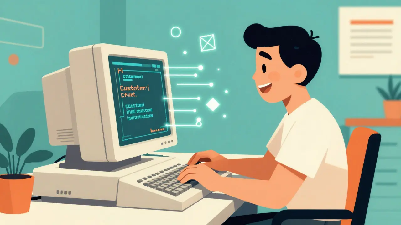 A retro cartoon programmer creating custom code on an old computer.