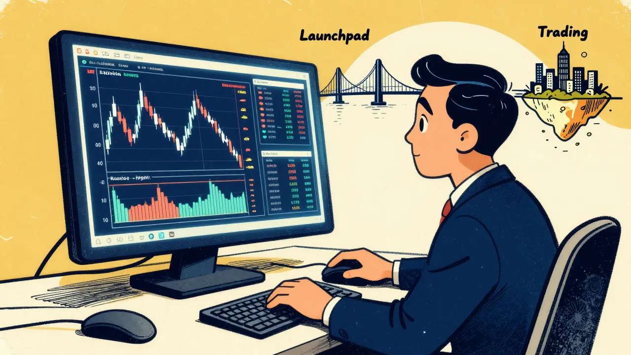A retro cartoon trader analyzing charts on a glowing screen with a digital bridge in the background.