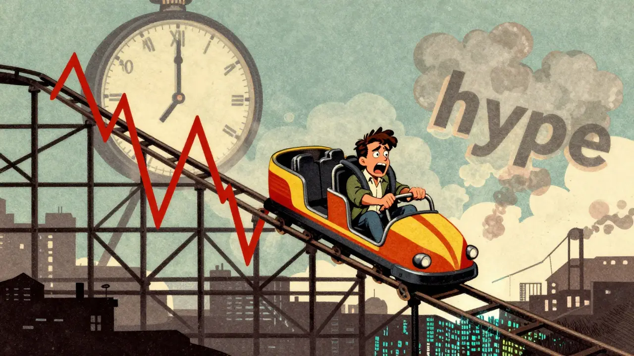 A vintage cartoon depicting a character on a rollercoaster shaped like a volatile price chart.