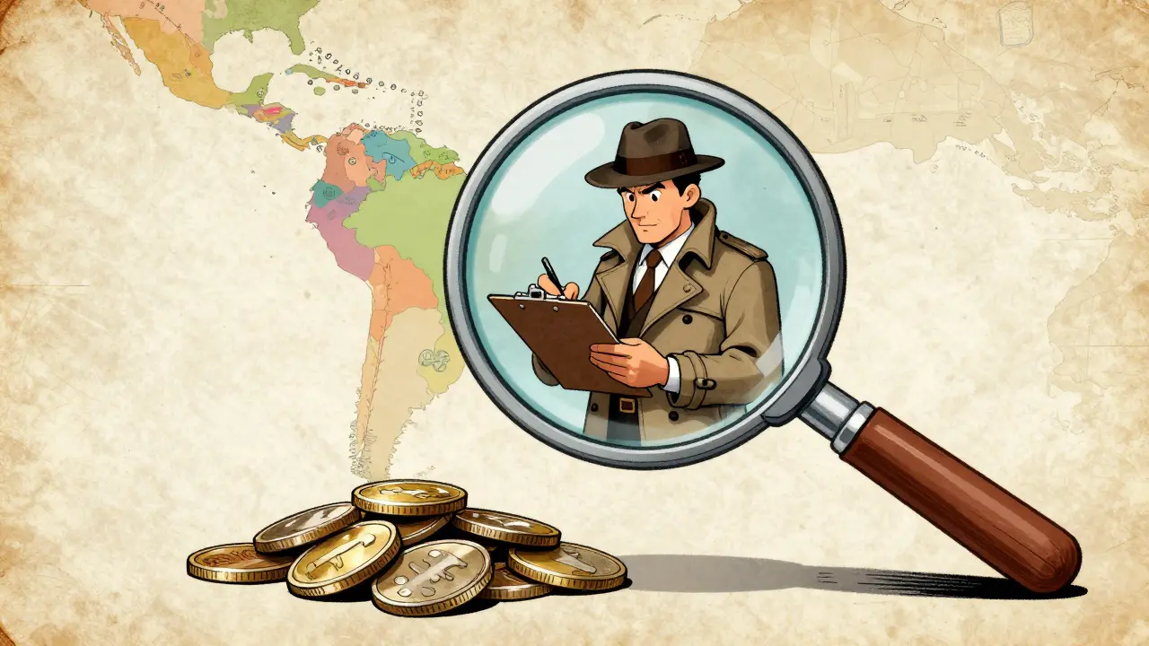 A vintage cartoon of a detective with a magnifying glass inspecting cryptocurrency coins.