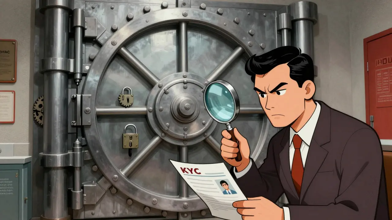 A vintage cartoon scene of a secure vault and a clerk performing a strict identity check.