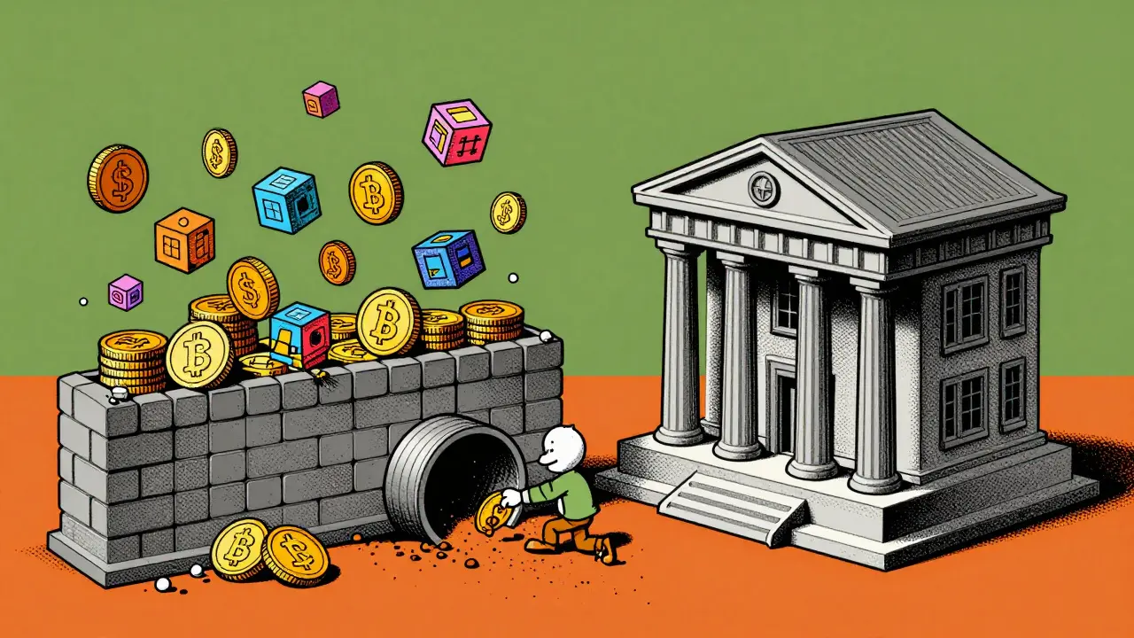 A vintage cartoon showing a secret tunnel under a wall separating digital assets from a bank.