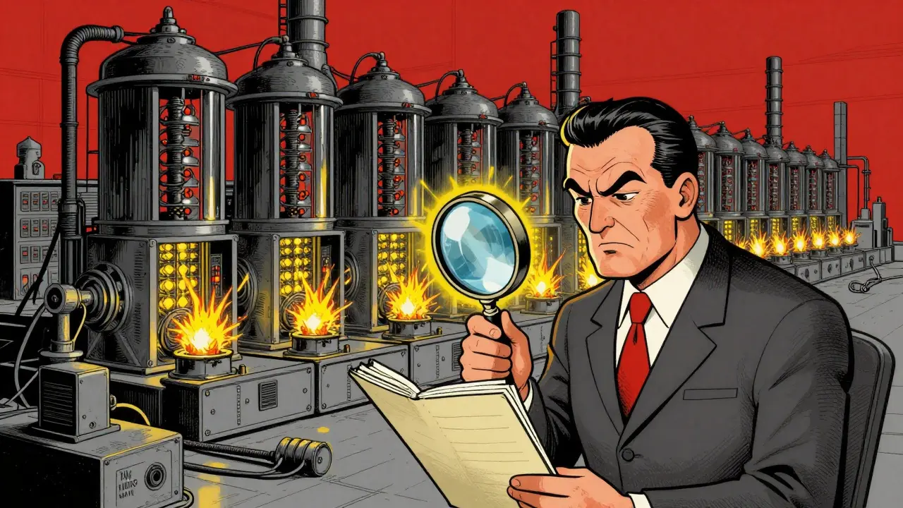 A vintage industrial crypto mining factory with a government official inspecting a ledger.