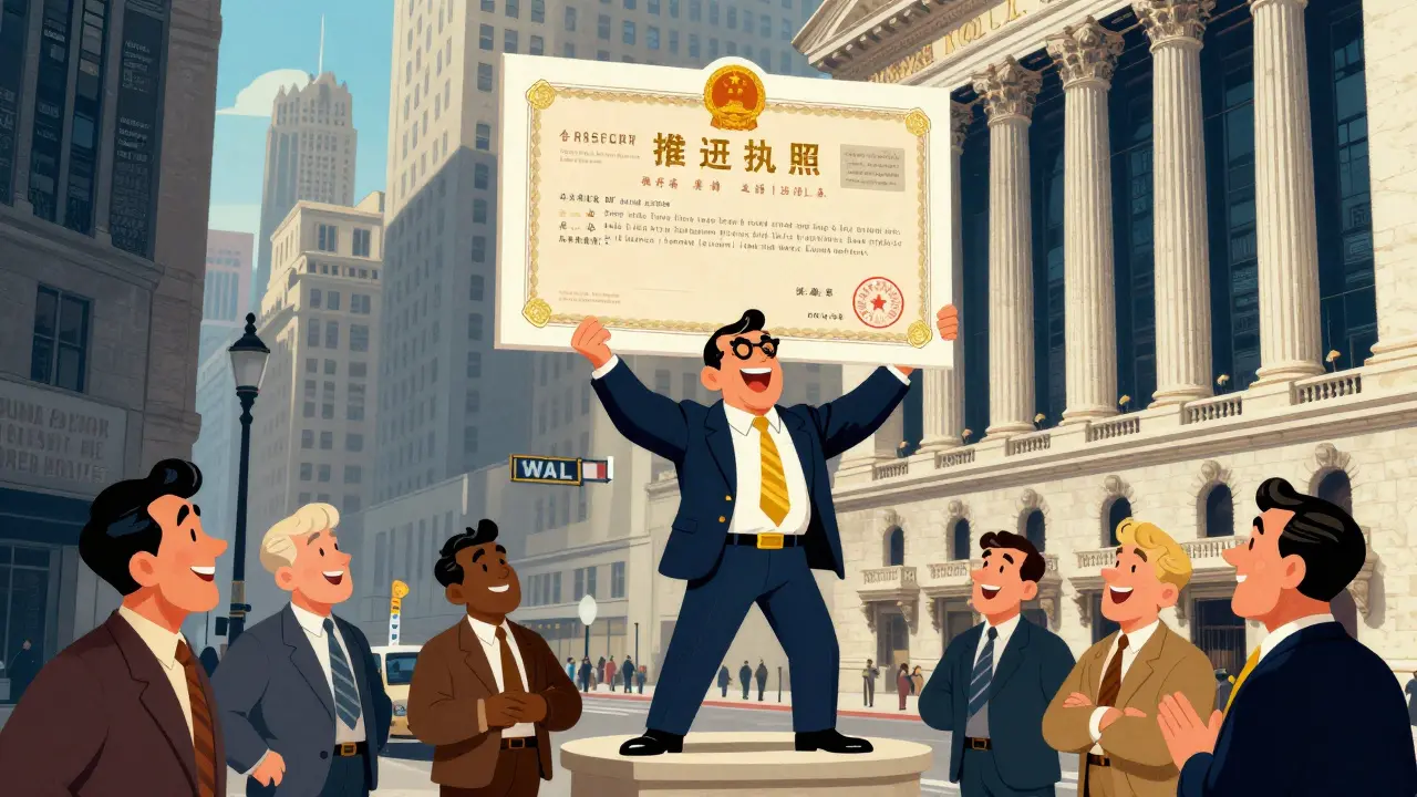 Business owner holding a golden BitLicense trophy on Wall Street vintage cartoon style