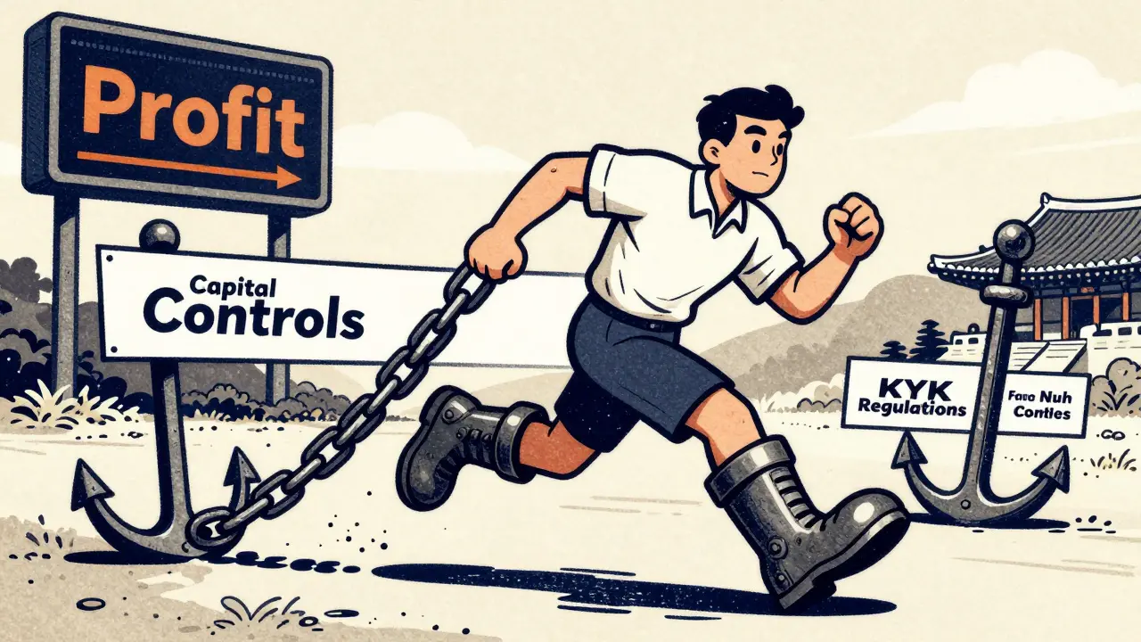 Cartoon of a trader in lead boots struggling against chains of regulatory controls.