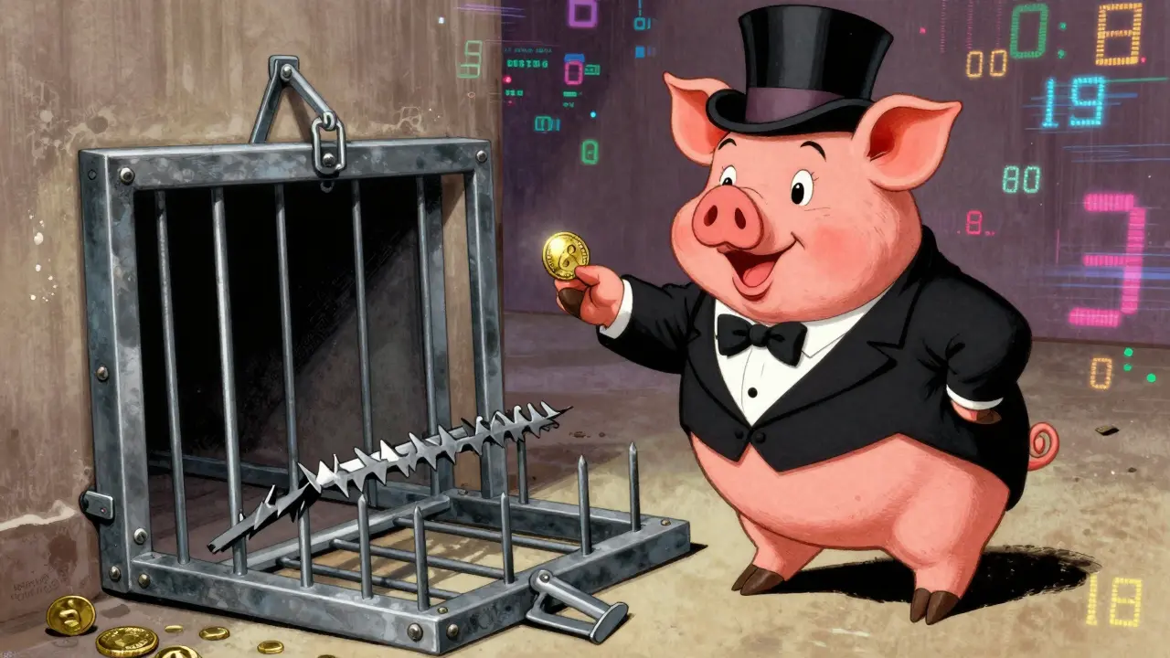 Cartoon pig in a tuxedo leading an investor into a hidden trap.