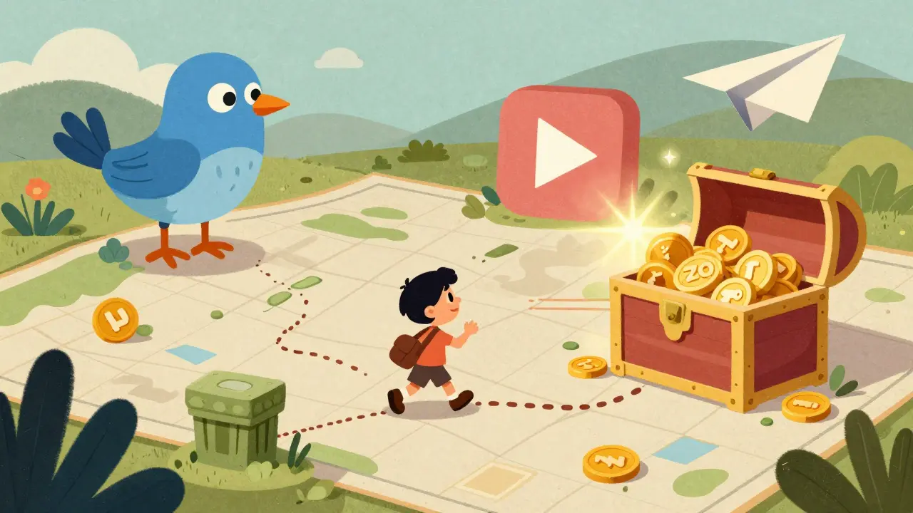Character following a whimsical map of social media icons to find ZOO tokens.