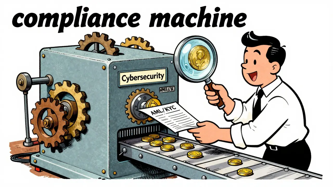 Complex compliance machine processing documents and crypto coins in vintage cartoon style