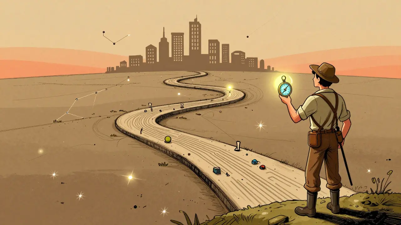 Explorer walking up a path turning into circuits