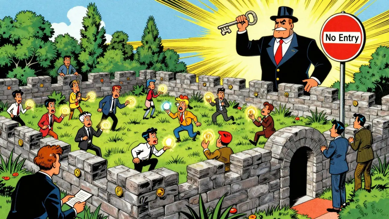 Illustration of traders inside a walled garden representing the isolated Korean crypto market.
