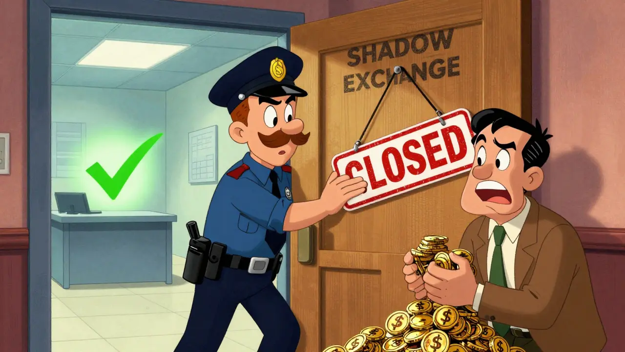 Police officer closing down an unlicensed crypto exchange in a vintage cartoon scene