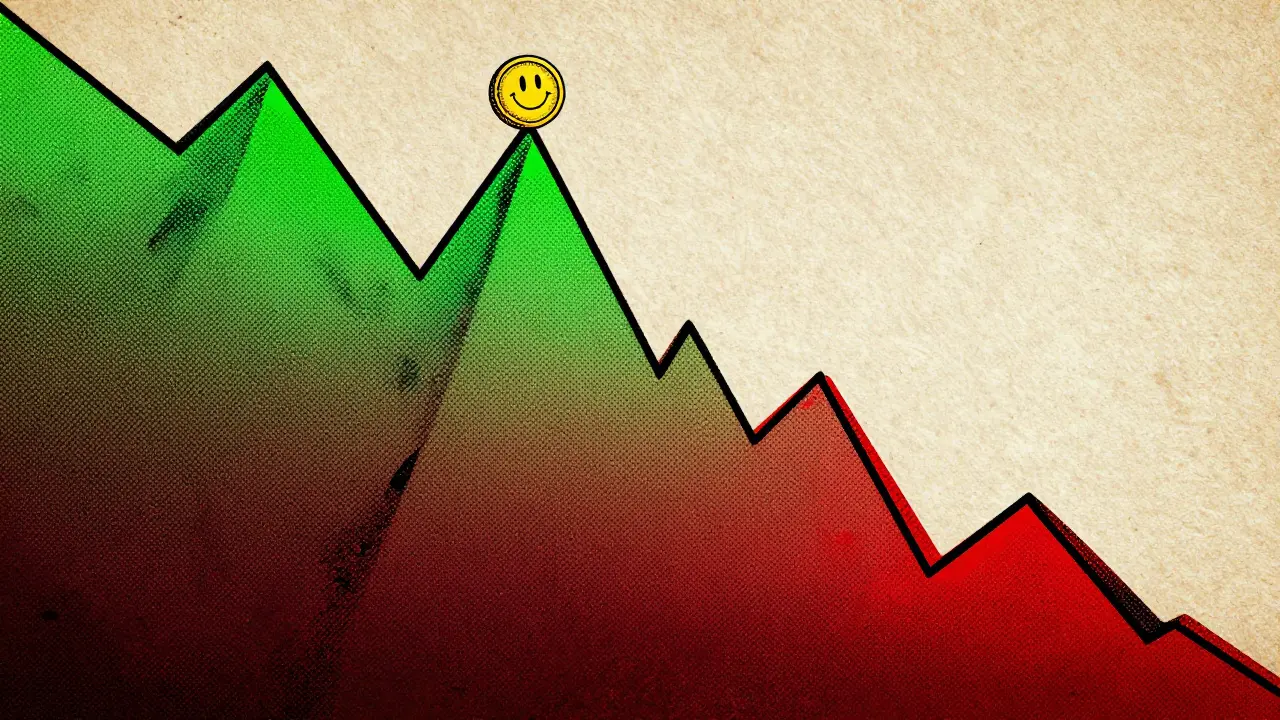 Retro illustration of a cryptocurrency price graph showing a sudden and steep crash.