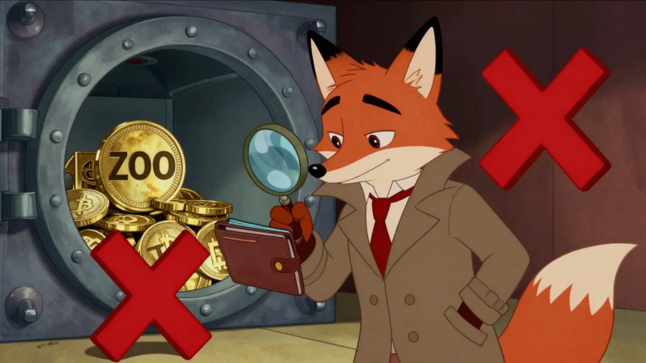 Sly fox character representing a crypto scammer next to a security warning sign.