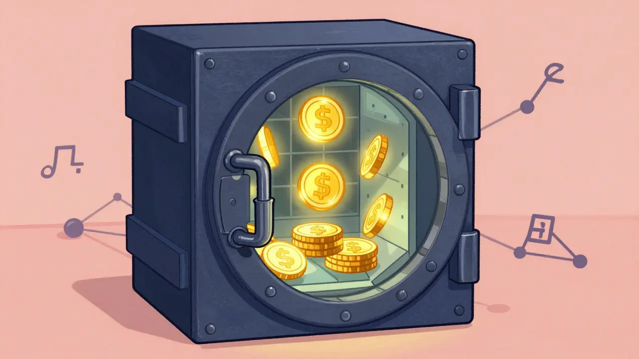 Stylized digital vault with glowing tokens inside