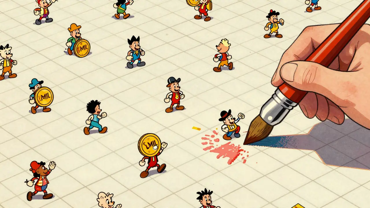 Tiny cartoon characters painting a giant pixel grid with 1MIL tokens