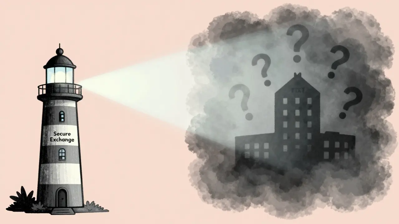 Vintage cartoon comparing a bright, transparent lighthouse to a shadowy, mysterious building in fog.