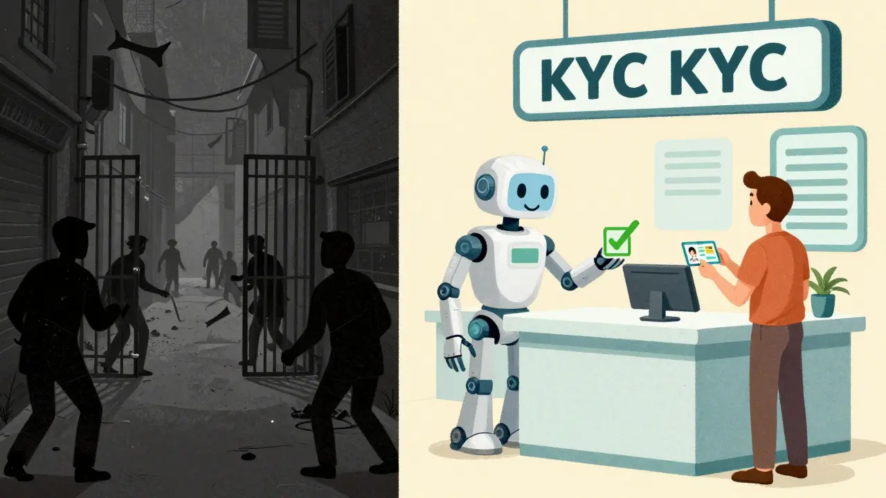 Vintage cartoon comparing a dark unregulated crypto alley to a bright, compliant AI verification lobby.